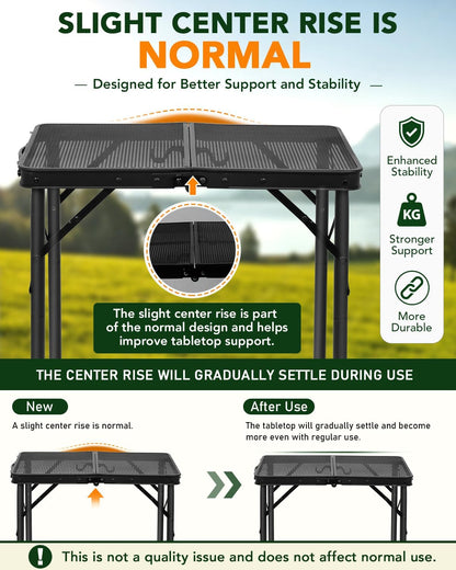 2 Ft Folding Camping Table, Adjustable Height 10.6-22 In, Small Grill Table | Black Metal Mesh,23.6 X 15.8 In,Portable & Compact for Outdoor,Indoor,Picnic,Bbq,Tailgating, with Carry Handle,66 Lb Capacity9