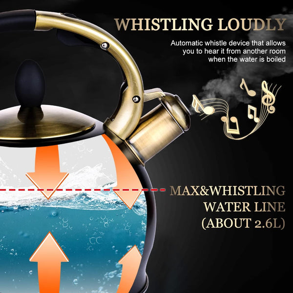 Whistling Tea Kettle, 2.7QT Food-Grade Steel Teapot, BLACK | Tea Pot for Stove with Ergonomic Handle, with 1 Silicone Pinch Mitt, for Induction, Gas, Electric, Radiant Cooktops3