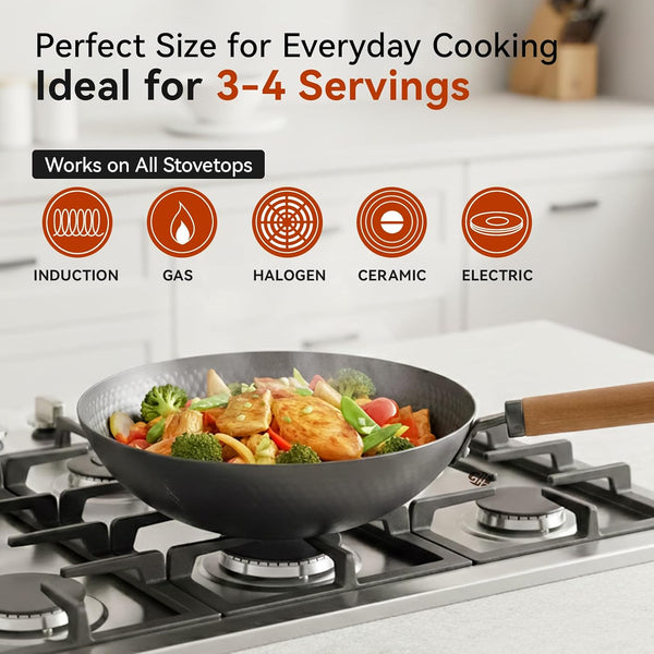Carbon Steel Wok Pan with Lid, 12.6" Hammered Stir Fry Pan, Thickened Heavy Duty Flat Bottom Wok for Electric, Induction & Gas Stoves, Detachable Wood Handle, No Chemical Coating (Black)2
