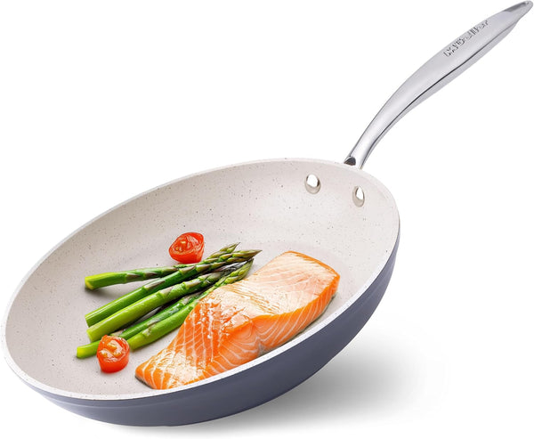 Frying Pan, Heavy Duty German Stone Coating Non-Stick Frying Pans | No PFOA or APEO, Paella Pan, Dishwasher and Oven Safe, Even Heat Distribution, Cool Stainless Steel Handle, Light Grey1