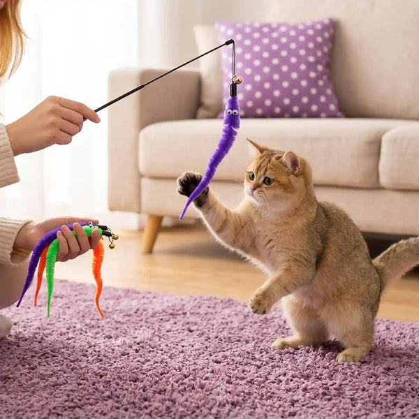 Kuuguu 24 PCS Cat Worm Toy Replacement Teaser with Bell Refills Indoor Cat'S Interactive Wand and Catch Wand Soft Squiggly Worm Teaser Refills Attachment Interactive Catch Toy Accessories （6 Color）5