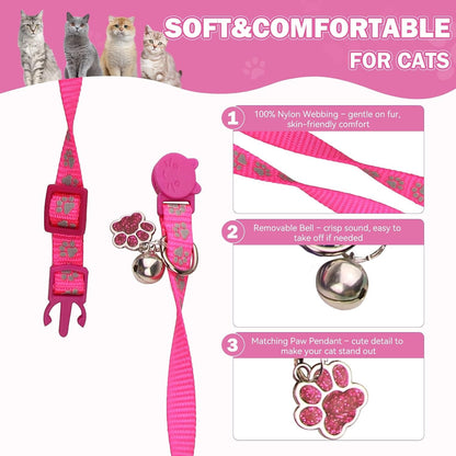 4PCS Breakaway Cat Collars,Reflective Cat Collar with Bells,Kitten Collars for Boy&Girl Cats Breakaway Collar for Cats with Paw Pendant 6-9 Inch(Purple+Hotpink+Red+Teal)3