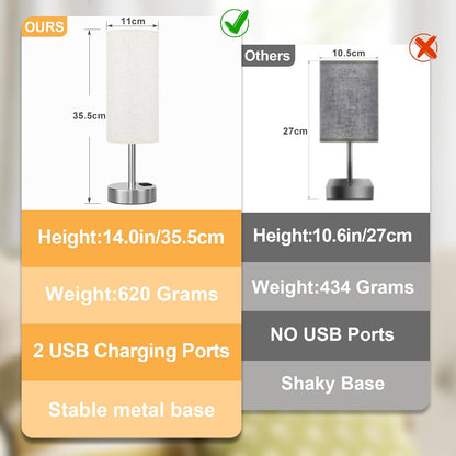 Bedside Table Lamp for Bedroom - Touch Desk Lamp with USB A+C Port | USB A+C Ports, 3-Way Dimmable, LED Bulb Included, White Fabric Shade, Silver Metal Base, 14" Small Night Stand Lamp for Dorm8