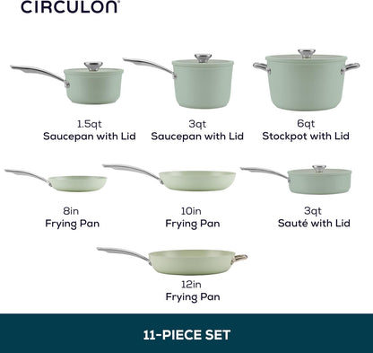 Halo Ceramic Nonstick Cookware Set, 11-Piece Pots and Pans Set | Laserdefense Durability Technology for Long Lasting Non Stick Performance, Everyday Cooking, in Sage3