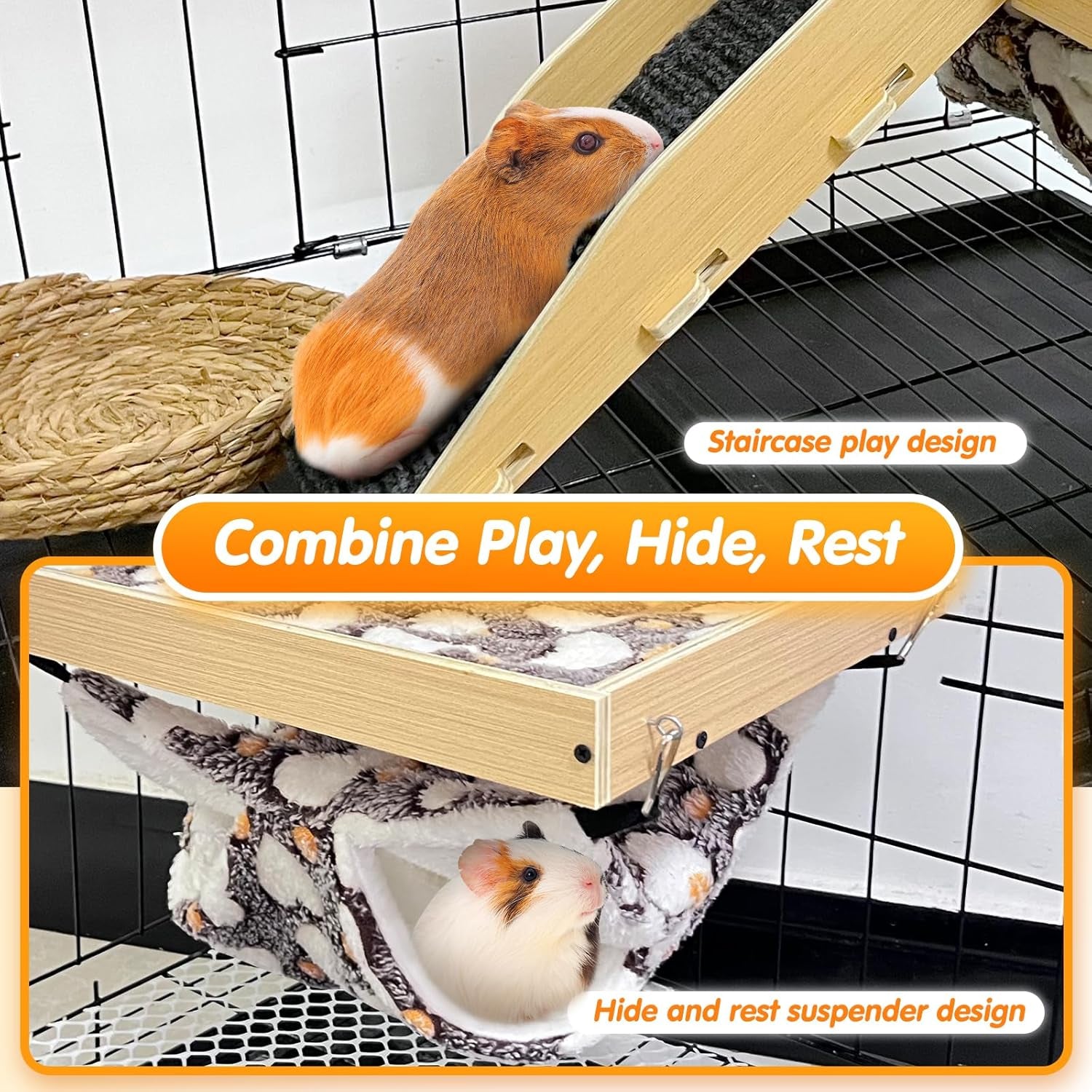 guinea-pig-hideout-natural-wood-removable-guinea-pig-bed-small-animal-habitat-with-hanging-hammock-staircase-cushion-suitable-for-small-animals-to-hide-rest-play