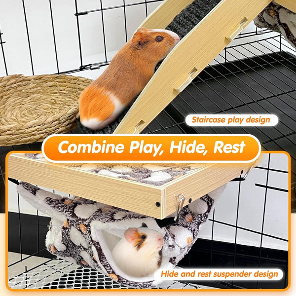 Guinea Pig Hideout，Natural Wood Removable Guinea Pig Bed, Small Animal Habitat with Hanging Hammock/Staircase/Cushion, Suitable for Small Animals to Hide, Rest, Play3