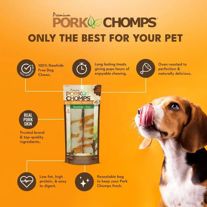 Pork Chomps Baked Pork Skin Dog Chews, 8 in Rolls, Chicken, 2 Count | Made with a Real Chicken Wrap over Oven-Baked Pork Skin - Rawhide-Free, Low in Fat, and Easy to Digest3