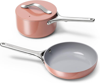 Caraway Non-Stick Ceramic Mini Cookware Set | Ceramic Fry Pan (1.05 Qt, 8") Sauce Pan (1.75 Qt) and Storage Rack, Non Toxic, PTFE & PFOA Free, Perracotta1