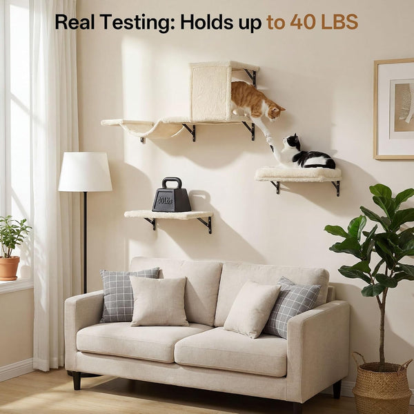 MEWANG 5-In-1 Cat Wall Shelves: Cat Climbing Furniture with Wall Mounted Perch & Lounge for Indoor Cats, Space-Saving Wall Pet Shelves for Play & Rest - Beige5