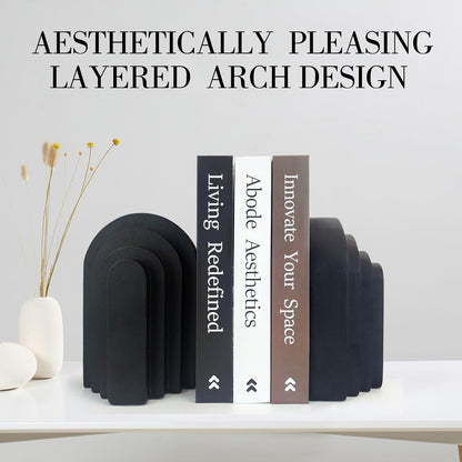 Book Ends for Heavy Books, Resin Decorative Bookends, Heavy Duty Bookend for Shelves, Book Stopper for Shelves, Modern Home Decor Aesthetic Book Ends, Layered Arch Design Set of 2(Matte Black)2