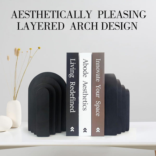 Book Ends for Heavy Books, Resin Decorative Bookends, Heavy Duty Bookend for Shelves, Book Stopper for Shelves, Modern Home Decor Aesthetic Book Ends, Layered Arch Design Set of 2(Matte Black)2