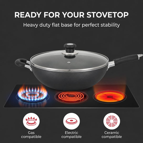 Non-Stick Wok Pan with Tempered Glass Lid, 6.5Qt Deep Cooking Wok, Stay-Cool Bakelite Handle, 30Cm Multipurpose Stir Fry Pan7