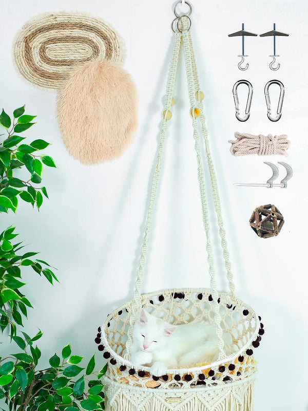 KARCEEY Macrame Cat Hammock - Hanging Cat Bed for Wall & Window - Boho Swing with Full Hardware Kit & Nip Toy - Stable Heavy Duty Design for Large & Senior Felines up to 60Lbs8