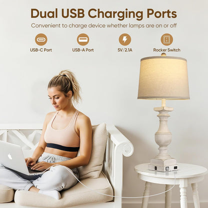 28'' Washed White Resin Table Lamp Set of 2,Beside Lamp with USB Port | Rocker Switch, 2 Bulbs Included, 6W, 2700K Warm Light, Farmhouse Bedside Lamp for Nightstand, Desk, Livingroom, Bedroom Decor2