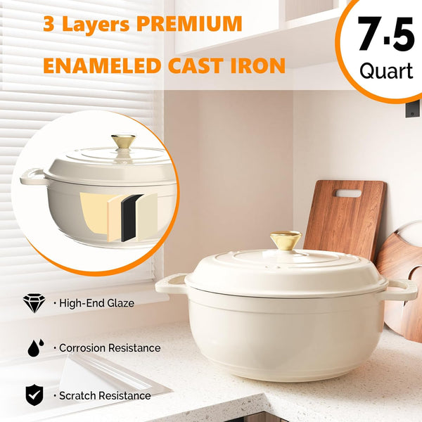 7.5QT round Dutch Oven, Enameled Cast Iron Dutch Oven Pot with Lid & Dual Handles, Oven Safe up to 500° F, for Sourdough, Bread Baking, Stews and Roasting, White3