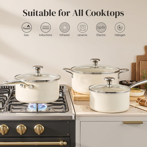 Stock Pot Set with Lid 5Qt, Ceramic Saucepan Set 2.5/3.5Qt, Induction Cooking Pot Set, Nonstick Cookware Set for Stoves, Even Heat, Stay-Cool Handle, Oven/Dishwasher Safe, PFAS Free (Beige)8