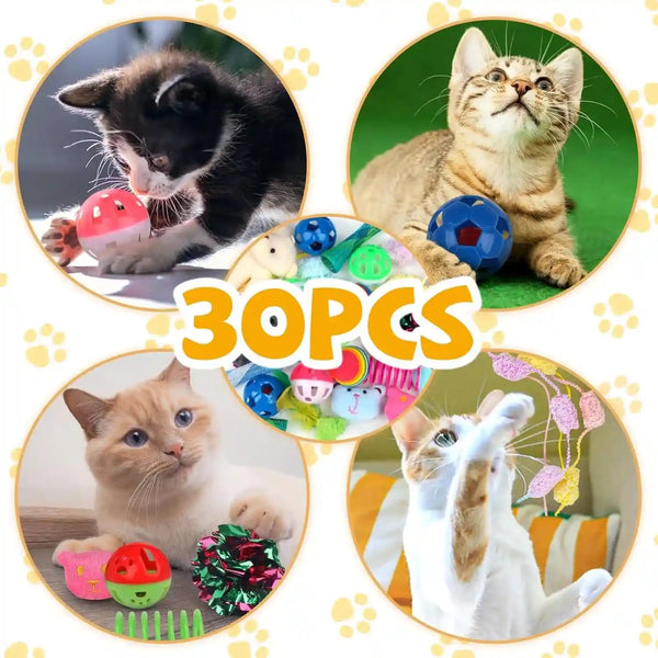 QUOZUO 30 Pcs Cat Toy Kitten Toys Set, Interactive Cat Toy Wand Cat Springs Ball Toy with Bells, Cat Toys for Bored Indoor Cats, Gift Box Styles4