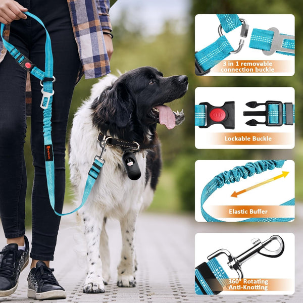 Removable Dog Seat Belt Harness for Car, 3 in 1 Pet Dog Car Seatbelt Leash, Retractable Restraint Secures to Vehicle Headrest & Adjustable Reflective Bungee Dog Seatbelt Tether, Blue and Black | Retractable Headrest-Mounted,Restraint & Adjustable Reflective Bungee Dog Seatbelt Tether,Blue and Black5