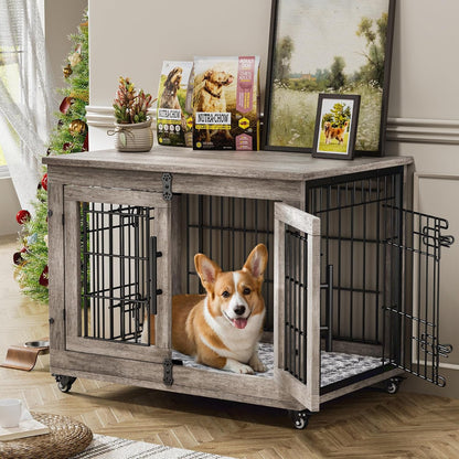 Medium Dog Crate Furniture, 32'' Heavy Duty Kennel W/Cushion & Wheels | Grey, Double Doors, Wooden Dog Cage, Chew-Resistant, End Table, Decorative, 27"/32"/38"/44" Options, Indoor1