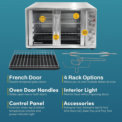 ETO4510MX French Door Convection Oven 47.5Qt, Stainless Steel | 18-Slice Capacity, 4-Control Knobs for Bake/Broil/Toast/Rotisserie/Keep Warm, Includes 2 X 14" Pizza Racks4