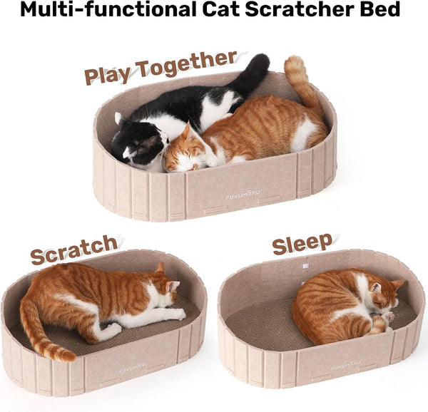 FUKUMARU Cat Scratcher, 24 Inch Sofa Shape Cat Scratching Bed Couch Indoor | Oval Felt Cat Scratcher Bed with Reversible Detachable Cat Scratching Boards, round Cats Scratch Pads Refill, Beige3