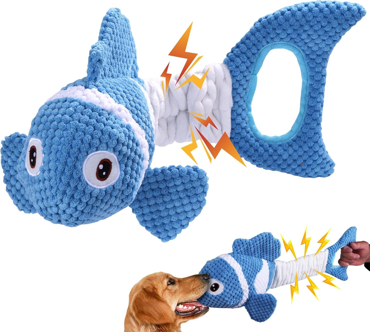 squeaky-clownfish-dog-toy-plush-crinkle-tug-toy-with-handle-pineapple-cotton-plush-with-squeaker-crinkle-paper-stretchable-body-and-tug-handle-for-interactive-indoor-or-outdoor-play