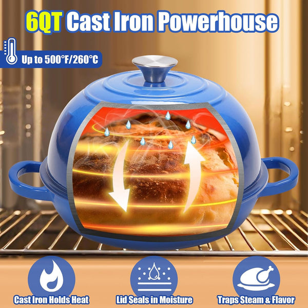 6QT Enameled Cast Iron Dutch Oven for Bread Baking – Sourdough Starter Kit with Cotton Basket, Bread Sling, Lame, Brush & Handle Cover – Multi-Purpose Pot for Baking, Frying, Braising – Blue4