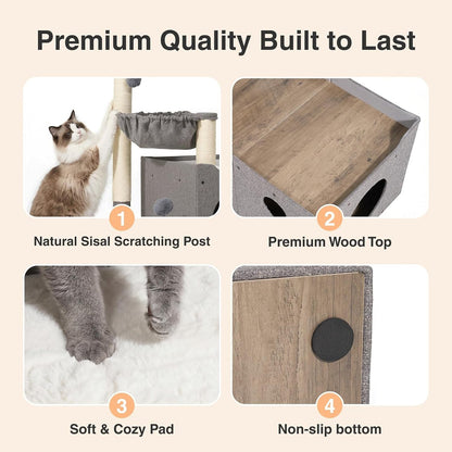 Veehoo Extra Large Cat House Bed for Indoor Cats, 29X16X31.9 Sturdy Condo | Cat Hideaway with Scratching Post, Foldable Cube with Hammock, Cave with 2 Plush Interactive Balls for Multiple Cats, Gray6