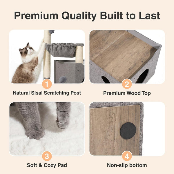 Veehoo Extra Large Cat House Bed for Indoor Cats, 29X16X31.9 Sturdy Condo | Cat Hideaway with Scratching Post, Foldable Cube with Hammock, Cave with 2 Plush Interactive Balls for Multiple Cats, Gray6