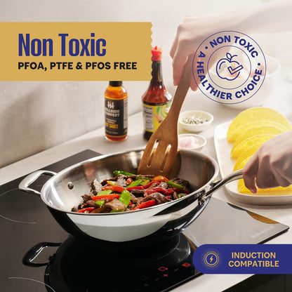 5-Ply Stainless Steel Wok Set, 12-Inch 5-Quart with Lid and Steamer - Induction Compatible, Oven Safe 800°F - Non-Toxic, No Coatings - Even Heating - Built to Last Generations2