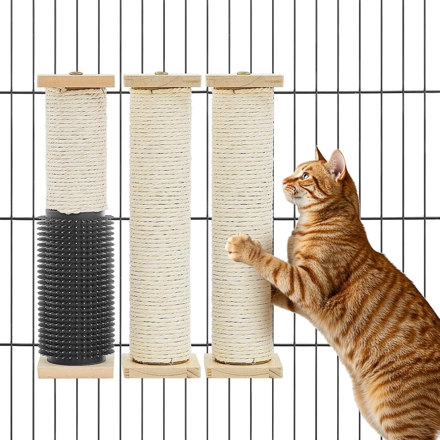 aliceset-3-pack-cat-scratching-post-for-crate-cage-13-inch-wooden-sisal-cage-mounted-scratching-post-with-self-groomer-and-massager-for-grinding-claws-and-climbing