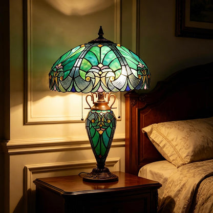 Tiffany Lamp 16" Cyan Green Stained Glass Table Lamp for Living Room | 3-Lights Victorian Style Turquoise Nightstand Bedside Desk Lamp with Nightlight for Bedroom Office W16" X H23"5