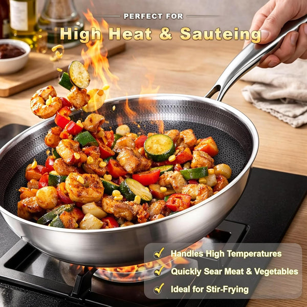 12 Inch Hybrid Nonstick Wok with Lid | Ceramic Coating | Honeycomb Stainless Steel Wok Pan | Oven & Dishwasher Safe | Flat Bottom Wok for Electric & Induction Cooktop | Long Handle4