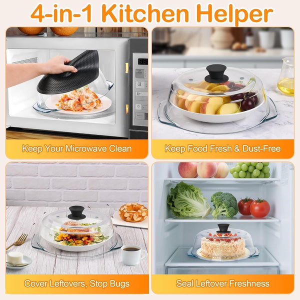 Glass Microwave Splatter Cover for Food with Microwave Place Mat - Sturdy Plate Guard Lid with Vent Holes and Easy-Grip Silicone Handle - BPA Free, Dishwasher Safe (Black)4