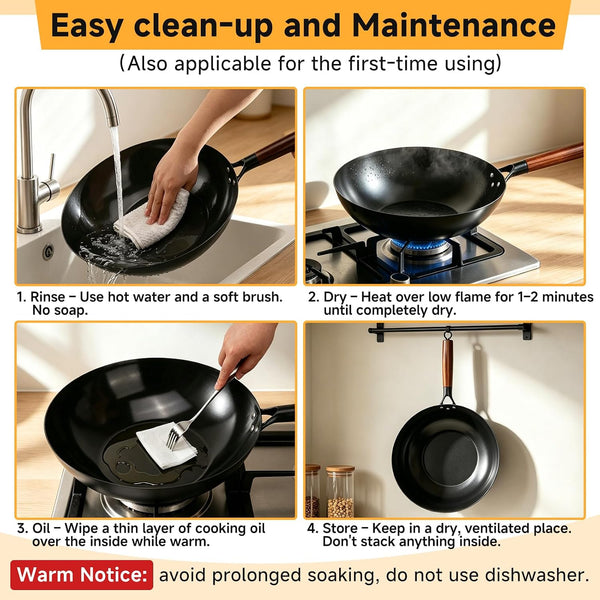 12” Carbon Steel Wok Pan with Lid, Woks & Stir-Fry Pans Nonstick, Pre-Seasoned Flat Bottom Wok for Induction Cooktop, Gas, Electric Stove, Halogen, BBQ & Camping, Open Fire6