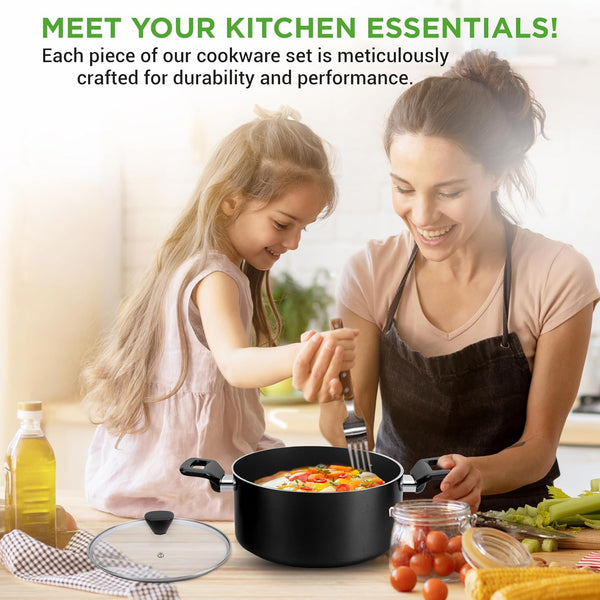 13-Piece Nonstick Cookware - Heat Resistant Kitchen Ware Set W/Saucepan, Frying Pans, Cooking Pots, Casserole, Lids, Ladle, Fork, Strainer - NCCWA13, Black6