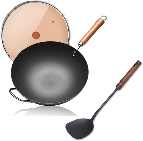 Carbon Steel 13.4" Woks with Traditional Iron Spatula1