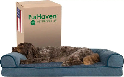 Furhaven Memory Foam Dog Bed for Medium/Small Dogs W/ Removable Bolsters & Washable Cover, for Dogs up to 35 Lbs - Luxe Faux Fur & Performance Linen Sofa - Woodsmoke, Medium22