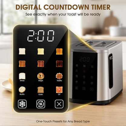 2 Slice Toaster with Touch Screen, 1.5" Extra Wide Slots for Bagels & Thick Bread, Stainless Steel, Digital Countdown Timer, 6 Shade Settings, Defrost/Reheat/Cancel, Removable Crumb Tray2