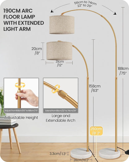 75" Arc Floor Lamp with Marble Base and Adjustable Height, Rotating Hanging Shade, Dimmable Gold Floor Lamp for Living Room with Remote and Foot Switch, 3 Color Temperatures, Timer, DE15LD053