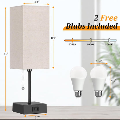 15'' Bedside Table Lamp for Bedroom Small Night Light Lamps for Night Stand | Pull Chain Table Lamps for Night Stands with AC Outlet，Desk Lamp with 2 Bulbs Lamp for Living Room Kids Room Office Decor4