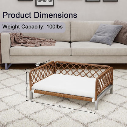 Small Dog Bed, Waterproof Elevated Dog Couch with Washable Removable White Cushion, Boho Rattan Dark Brown Wicker Orthopedic Pet Sofa for Outdoor, Indoor6