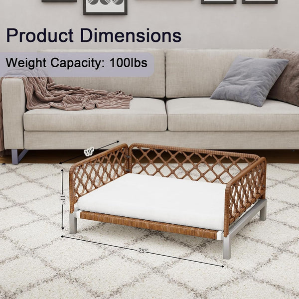 Small Dog Bed, Waterproof Elevated Dog Couch with Washable Removable White Cushion, Boho Rattan Dark Brown Wicker Orthopedic Pet Sofa for Outdoor, Indoor6