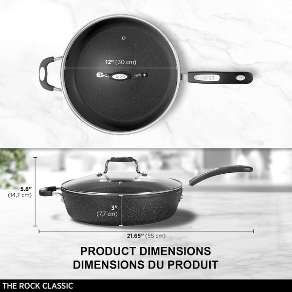 the Rock 12" Jumbo Cooker with Lid, Non-Stick, Oven Safe | Perfect for Family-Size Meals. Stir-Fry and More. Rock.Tec Non-Stick. Forged Aluminum. Glass Lid. Never Warps.6