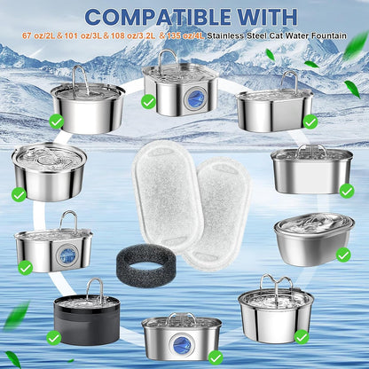 Cat Water Fountain Filters Replacement, 16 Pcs Pet Water Fountain Filter with 16 Pcs Foam Sponges for 67Oz/2L & 108Oz/3.2L Stainless Steel Pet Cat Water Fountain Dispenser Filters2