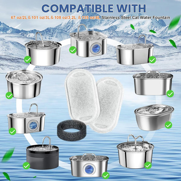 Cat Water Fountain Filters Replacement, 16 Pcs Pet Water Fountain Filter with 16 Pcs Foam Sponges for 67Oz/2L & 108Oz/3.2L Stainless Steel Pet Cat Water Fountain Dispenser Filters2