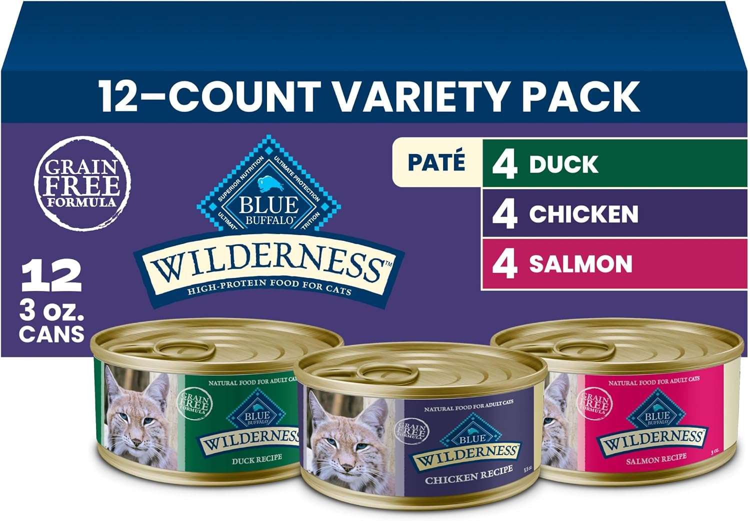 blue-buffalo-wilderness-variety-pack-adult-pate-wet-cat-food-3-oz-12-ct-chicken-salmon-and-duck-pates-4-of-each-high-protein-grain-free-recipes-supports-daily-hydration