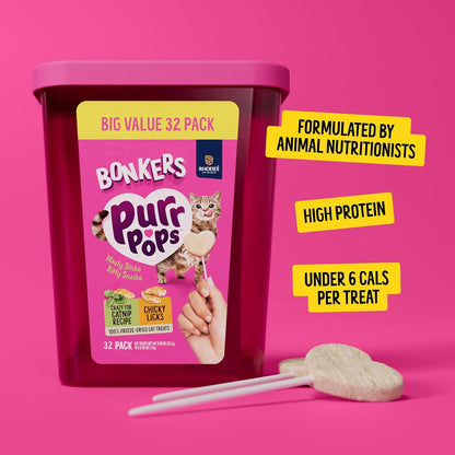 Bonkers Purrpops Freeze Dried Chicken & Catnip Flavor Lollipop Cat Treats, Healthy Single Ingredient Treats, Training Treats or Food Topper, for All Breeds and Ages, Value Pack (32 Pieces)3