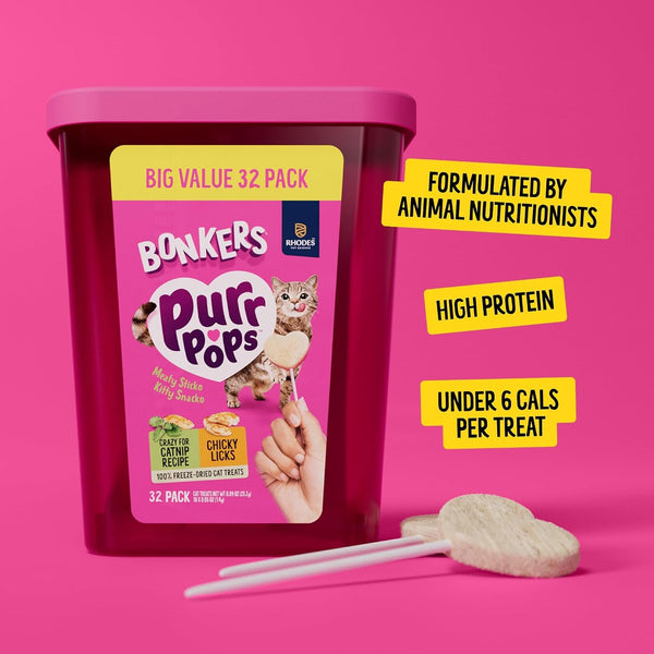 Bonkers Purrpops Freeze Dried Chicken & Catnip Flavor Lollipop Cat Treats, Healthy Single Ingredient Treats, Training Treats or Food Topper, for All Breeds and Ages, Value Pack (32 Pieces)3
