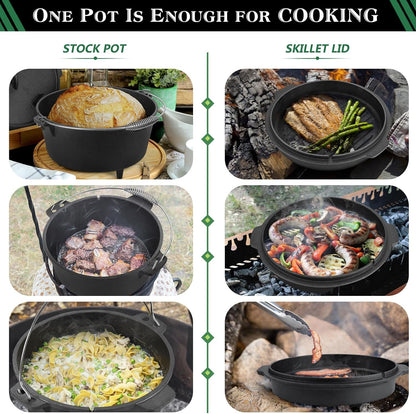 5QT Cast Iron Dutch Oven with Stainless Steel Scrubber,  2-In-1 Pre-Seasoned Camping Pot, Heavy Duty Campfire Pot with Feet for Outdoor Stovetop Griddle Cooking Baking Roasting Stewing7
